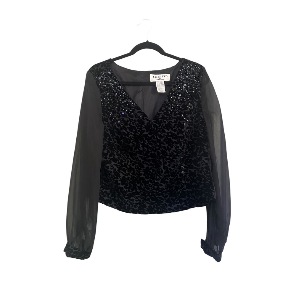 Vintage J.R. Nites by Caliendo Velvet beaded blouse organza puff sleeves size 16